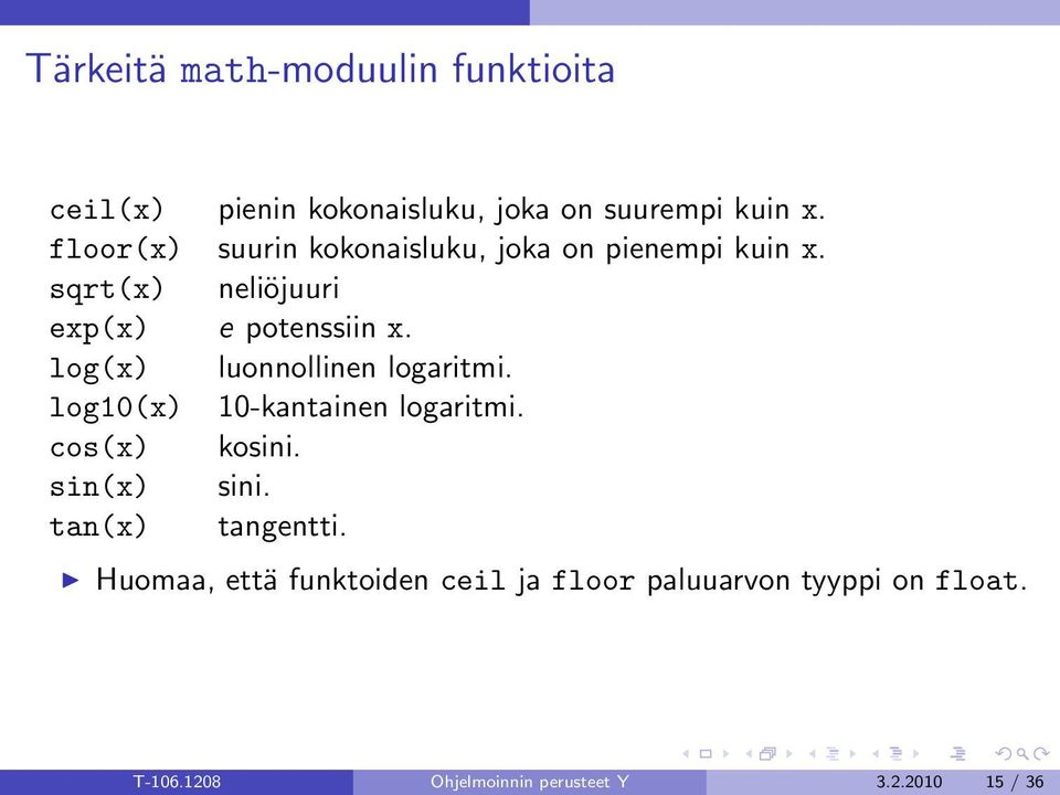 log(x) luonnollinen logaritmi. log10(x) 10-kantainen logaritmi. cos(x) kosini. sin(x) sini.