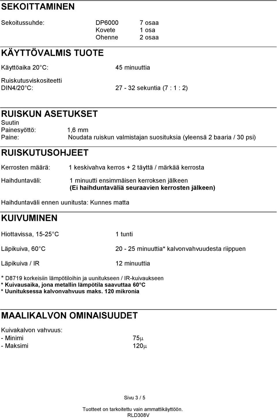 1 minuutti ensimmäisen kerroksen jälkeen (Ei haihduntaväliä seuraavien kerrosten jälkeen) Haihduntaväli ennen uunitusta: Kunnes matta KUIVUMINEN Hiottavissa, 15-25 C Läpikuiva, 60 C Läpikuiva / IR 1