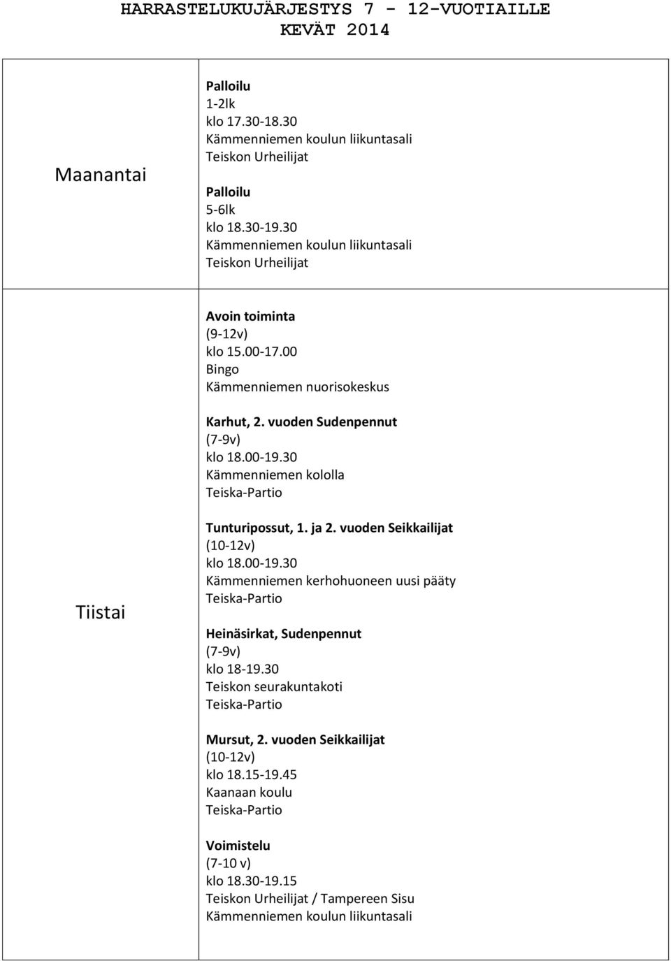 30 Kämmenniemen kololla Tiistai Tunturipossut, 1. ja 2. vuoden Seikkailijat (10-12v) klo 18.00-19.