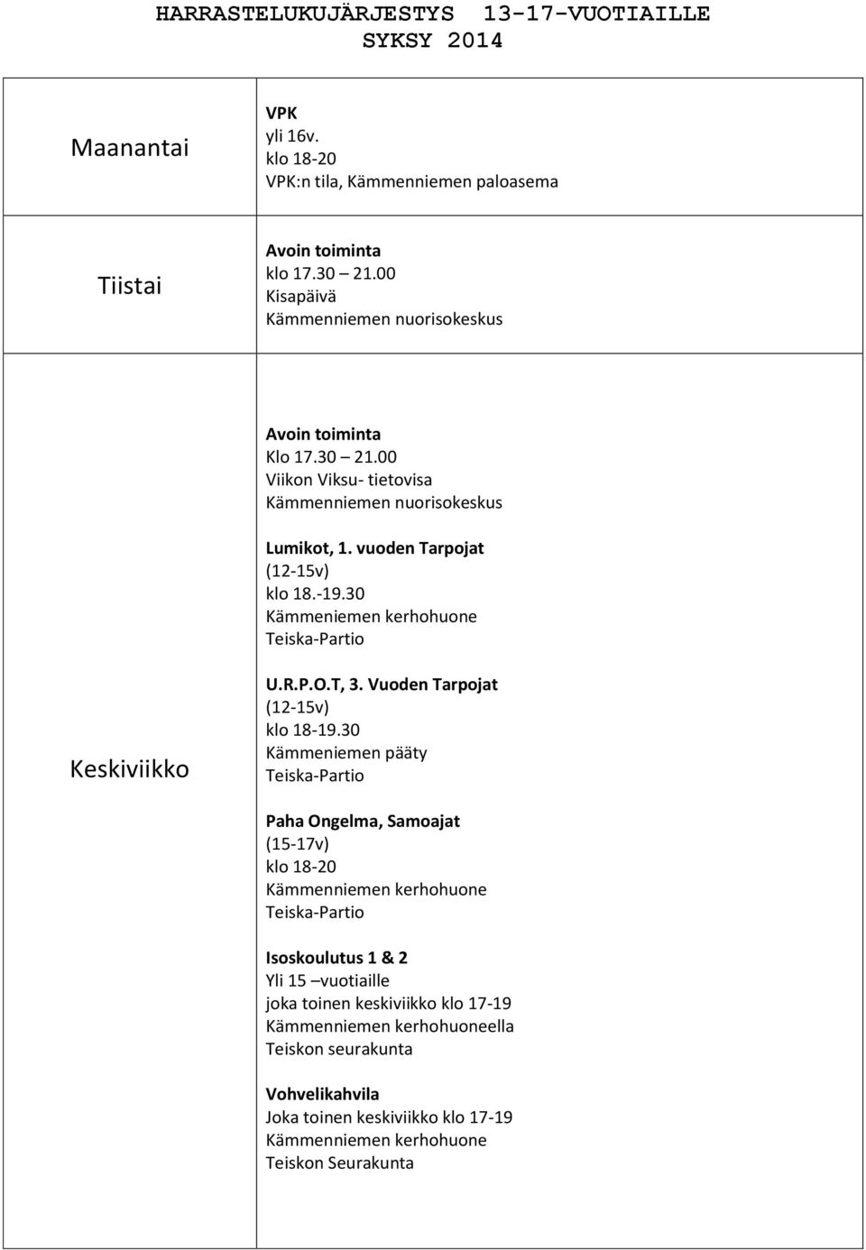 30 Kämmeniemen kerhohuone Keskiviikko U.R.P.O.T, 3. Vuoden Tarpojat (12-15v) klo 18-19.