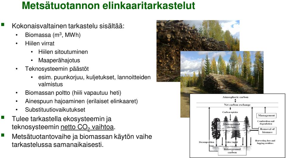 puunkorjuu, kuljetukset, lannoitteiden valmistus Biomassan poltto (hiili vapautuu heti) Ainespuun hajoaminen