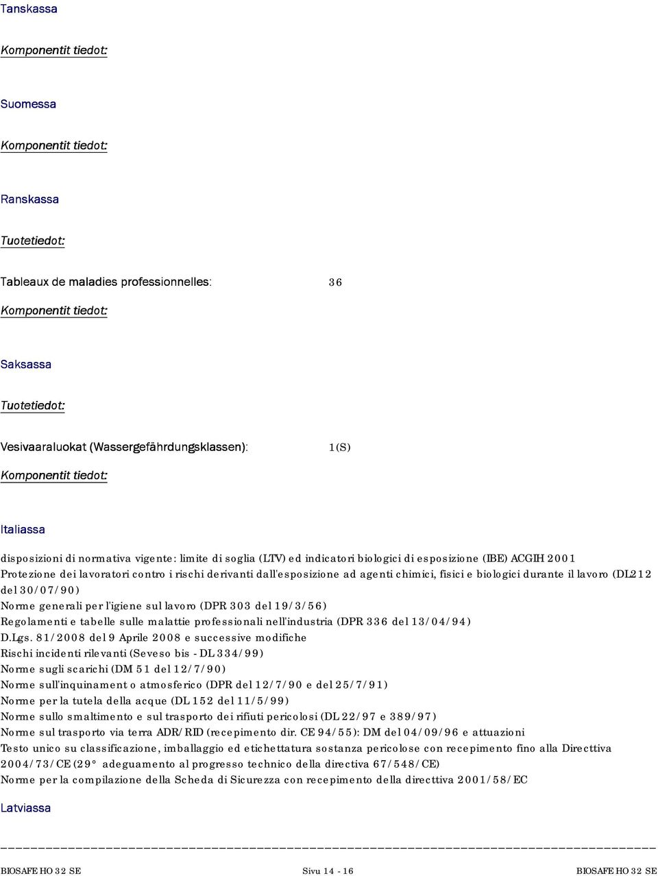 Norme generali per l'igiene sul lavoro (DPR 303 del 19/3/56) Regolamenti e tabelle sulle malattie professionali nell'industria (DPR 336 del 13/04/94) D.Lgs.