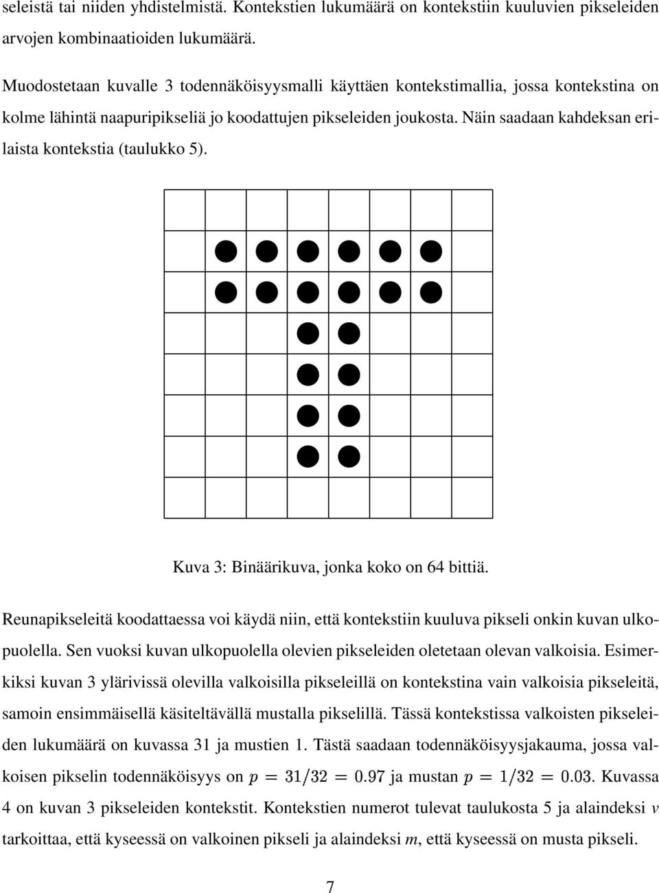 Näin saadaan kahdeksan erilaista kontekstia (taulukko 5). b b b b b b b b b b b b b b b b b b b b Kuva 3: Binäärikuva, jonka koko on 64 bittiä.