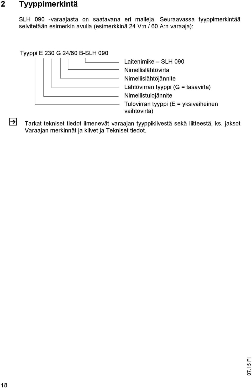 B-SLH 090 Laitenimike SLH 090 Nimellislähtövirta Nimellislähtöjännite Lähtövirran tyyppi (G = tasavirta)