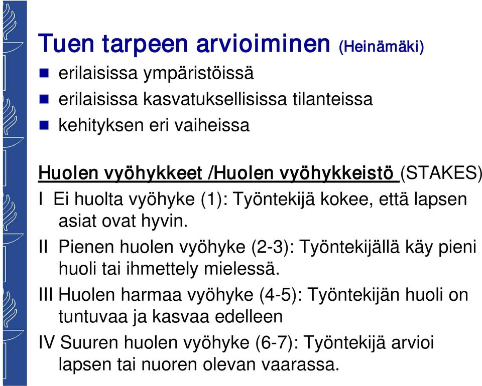 hyvin. II Pienen huolen vyöhyke (2-3): Työntekijällä käy pieni huoli tai ihmettely mielessä.