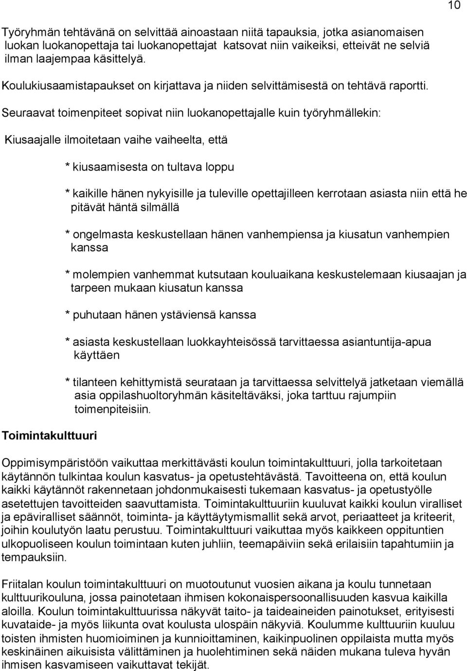 Seuraavat toimenpiteet sopivat niin luokanopettajalle kuin työryhmällekin: Kiusaajalle ilmoitetaan vaihe vaiheelta, että Toimintakulttuuri * kiusaamisesta on tultava loppu * kaikille hänen nykyisille