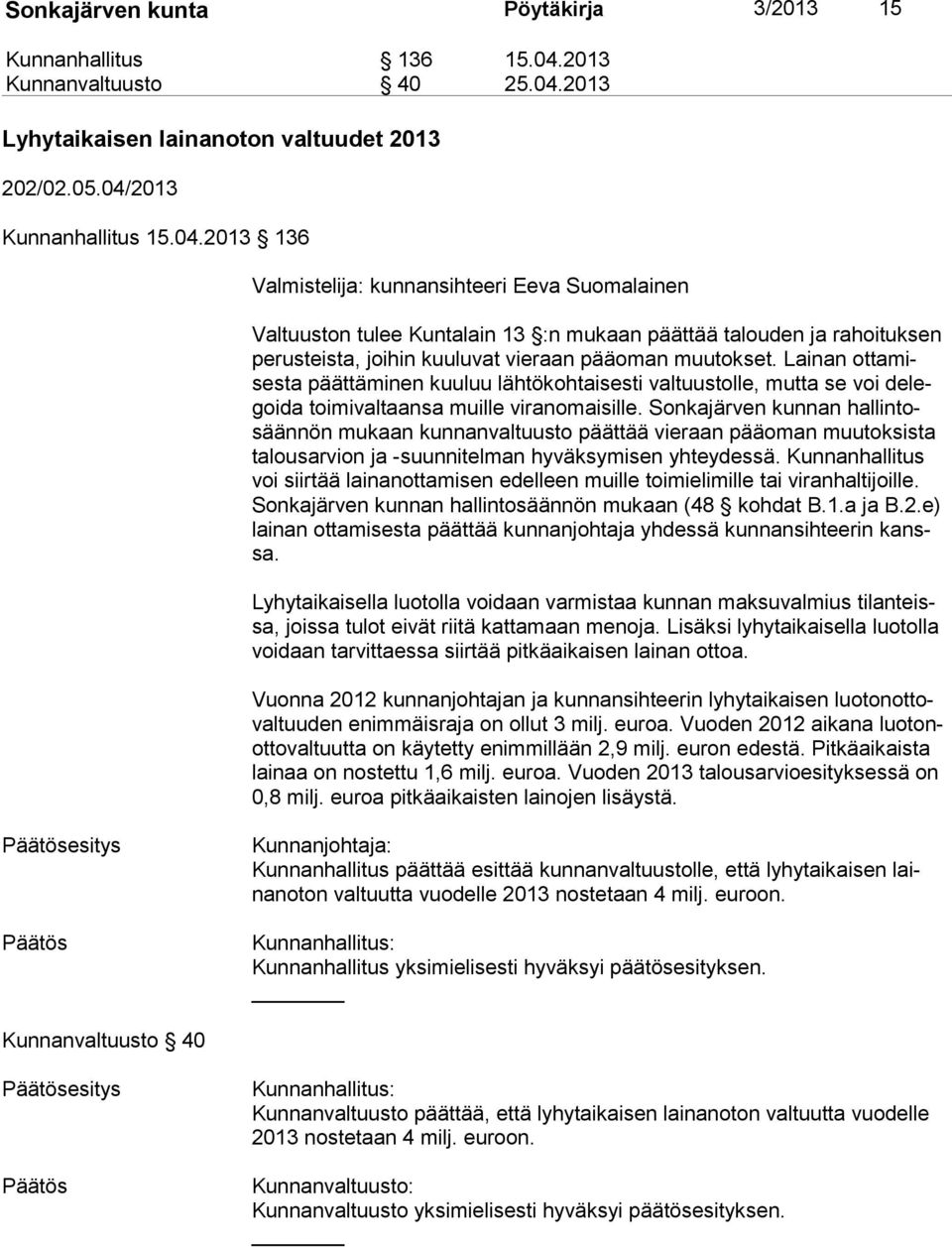 2013 Lyhytaikaisen lainanoton valtuudet 2013 202/02.05.04/