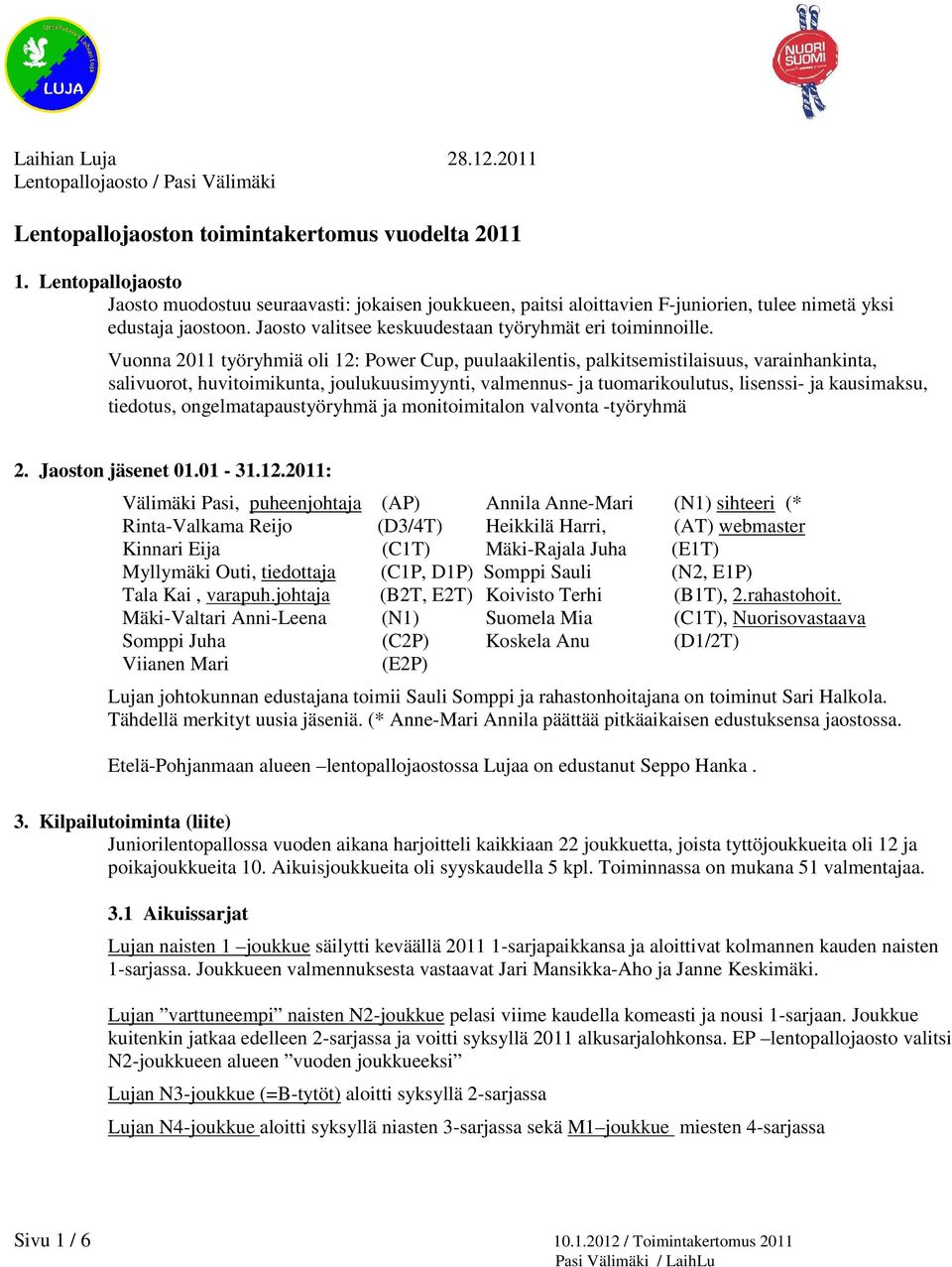 Vuonna 2011 työryhmiä oli 12: Power Cup, puulaakilentis, palkitsemistilaisuus, varainhankinta, salivuorot, huvitoimikunta, joulukuusimyynti, valmennus- ja tuomarikoulutus, lisenssi- ja kausimaksu,