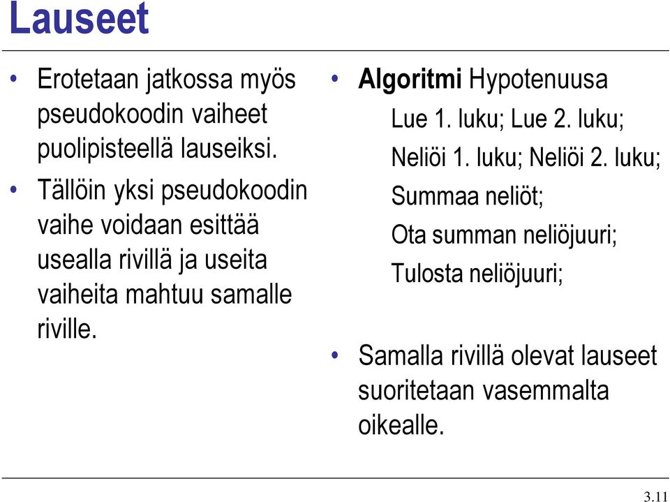 riville. Algoritmi Hypotenuusa Lue 1. luku; Lue 2. luku; Neliöi 1. luku; Neliöi 2.