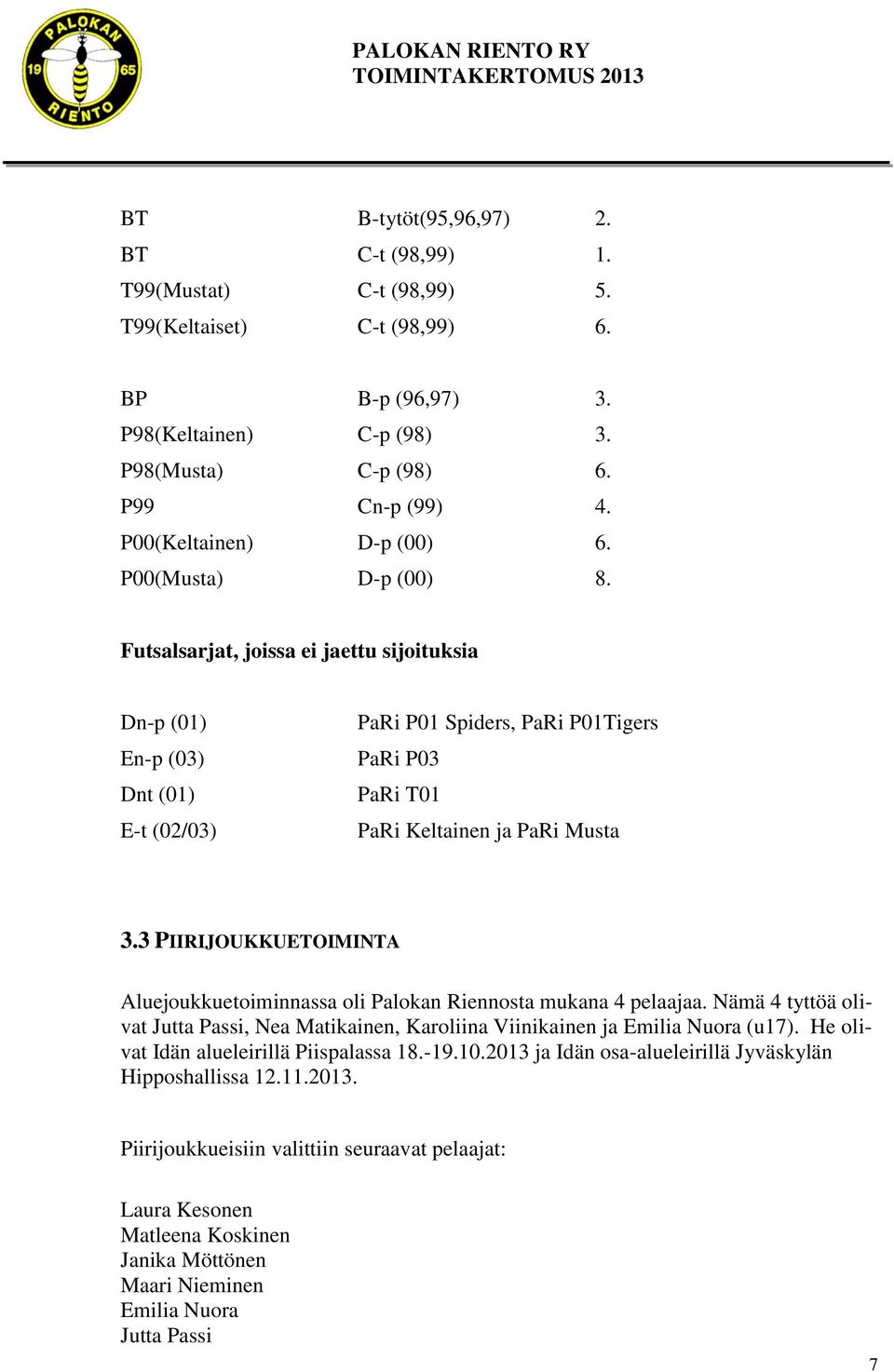 Futsalsarjat, joissa ei jaettu sijoituksia Dn-p (01) En-p (03) Dnt (01) E-t (02/03) PaRi P01 Spiders, PaRi P01Tigers PaRi P03 PaRi T01 PaRi Keltainen ja PaRi Musta 3.