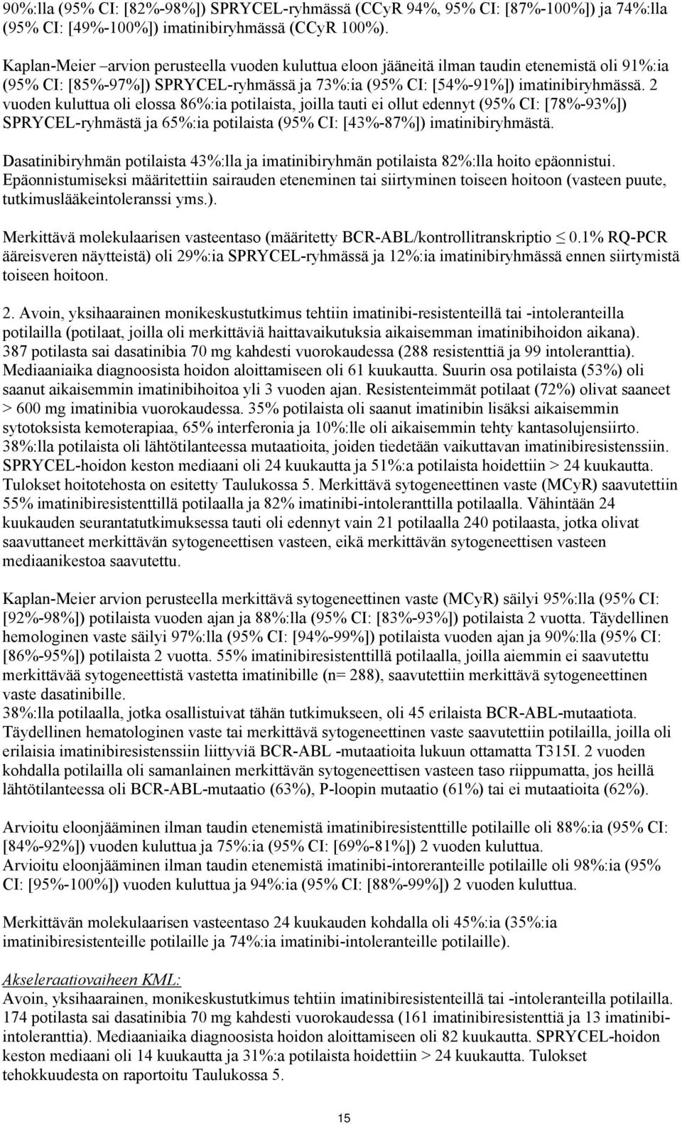 2 vuoden kuluttua oli elossa 86%:ia potilaista, joilla tauti ei ollut edennyt (95% CI: [78%-93%]) SPRYCEL-ryhmästä ja 65%:ia potilaista (95% CI: [43%-87%]) imatinibiryhmästä.