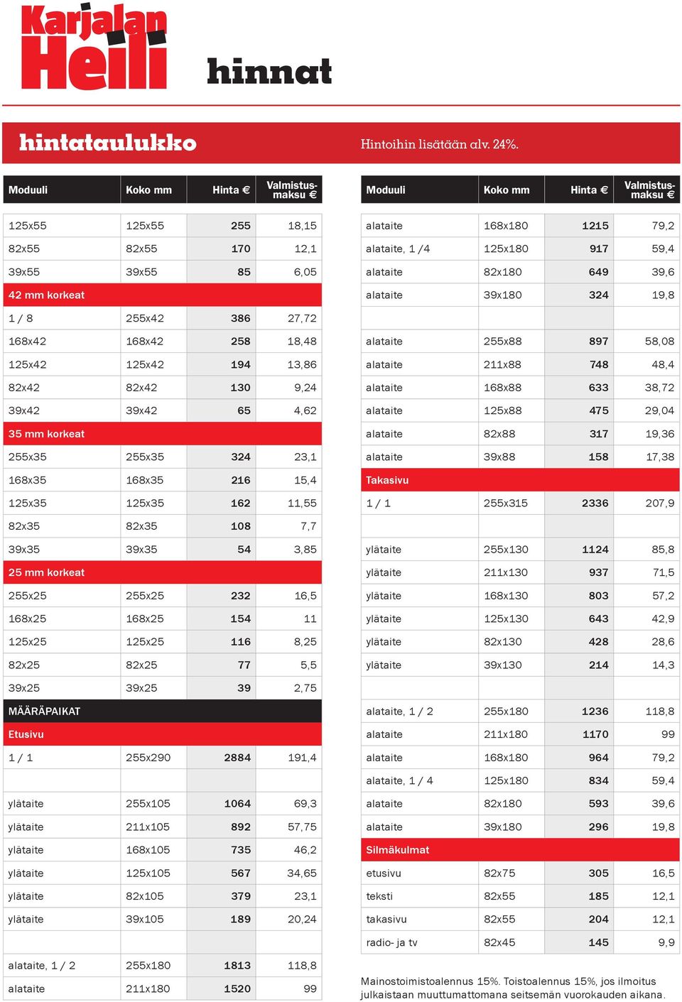 917 59,4 alataite 82x18 649 39,6 alataite 39x18 324 19,8 1 / 8 255x42 386 27,72 168x42 168x42 258 18,48 125x42 125x42 194 13,86 82x42 82x42 13 9,24 39x42 39x42 65 4,62 35 mm korkeat 255x35 255x35 324