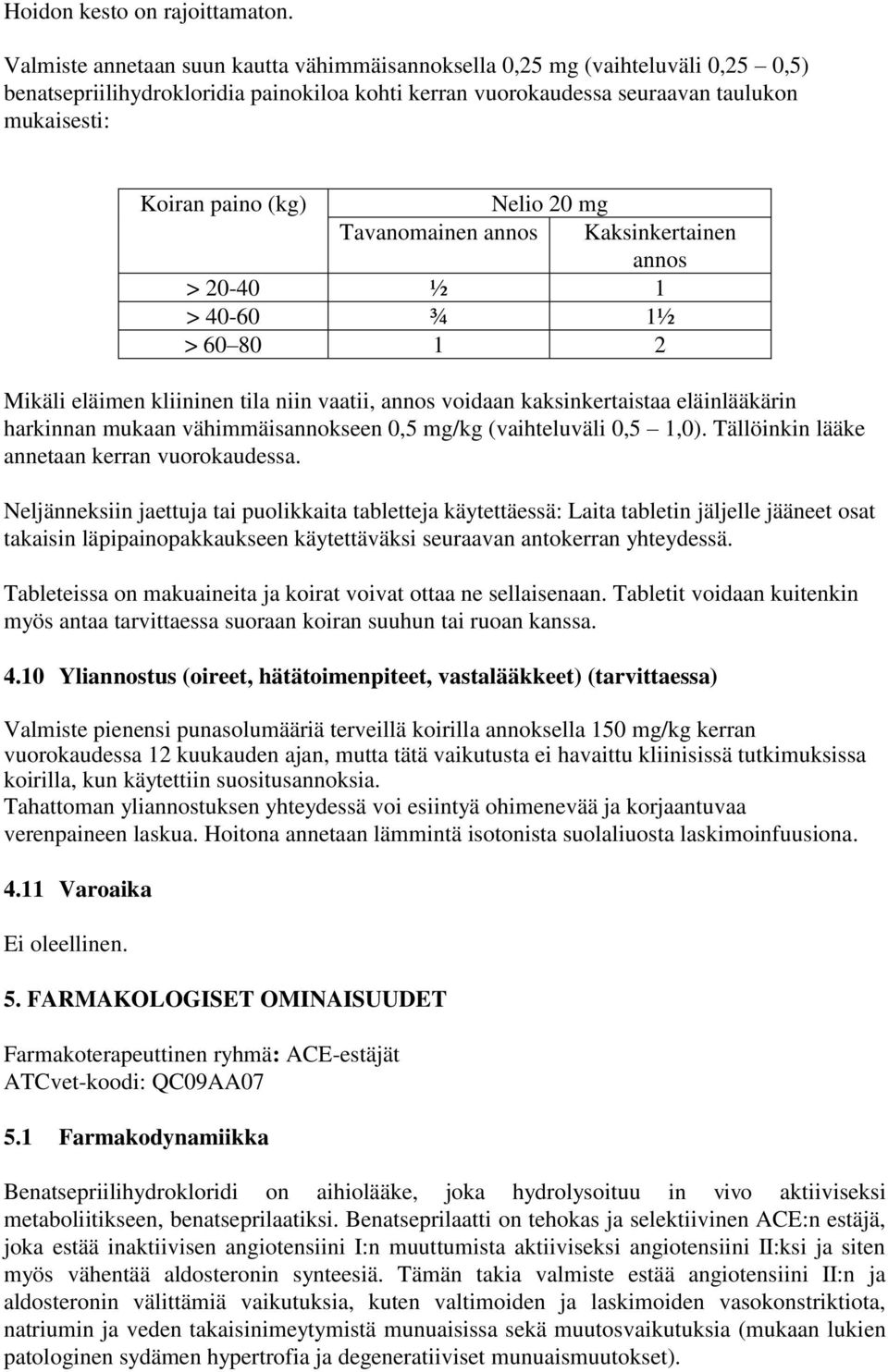 Nelio 20 mg Tavanomainen annos Kaksinkertainen annos > 20-40 ½ 1 > 40-60 ¾ 1½ > 60 80 1 2 Mikäli eläimen kliininen tila niin vaatii, annos voidaan kaksinkertaistaa eläinlääkärin harkinnan mukaan