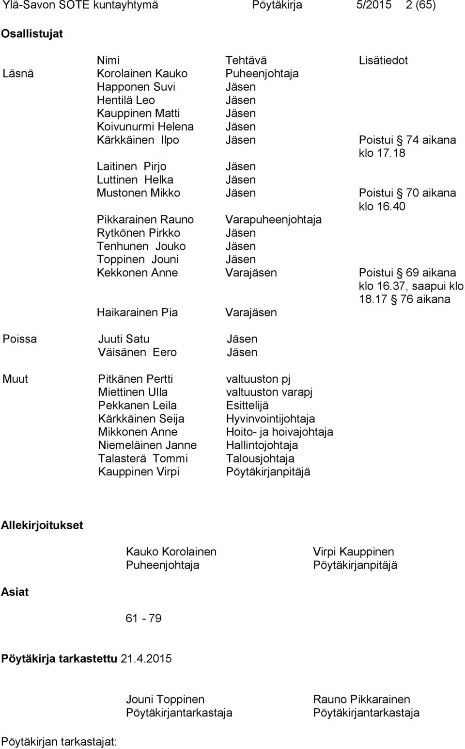 40 Pikkarainen Rauno Varapuheenjohtaja Rytkönen Pirkko Jäsen Tenhunen Jouko Jäsen Toppinen Jouni Jäsen Kekkonen Anne Varajäsen Poistui 69 aikana klo 16.37, saapui klo 18.