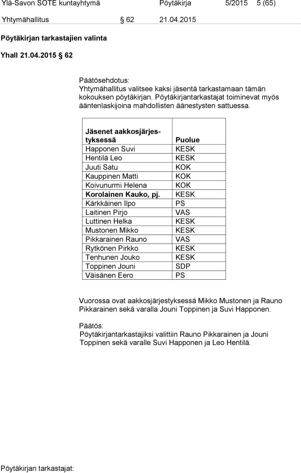 Jäsenet aakkosjärjestyksessä Happonen Suvi Hentilä Leo Juuti Satu Kauppinen Matti Koivunurmi Helena Korolainen Kauko, pj.