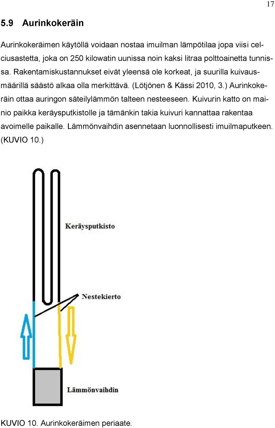 (Lötjönen & Kässi 2010, 3.) Aurinkokeräin ottaa auringon säteilylämmön talteen nesteeseen.