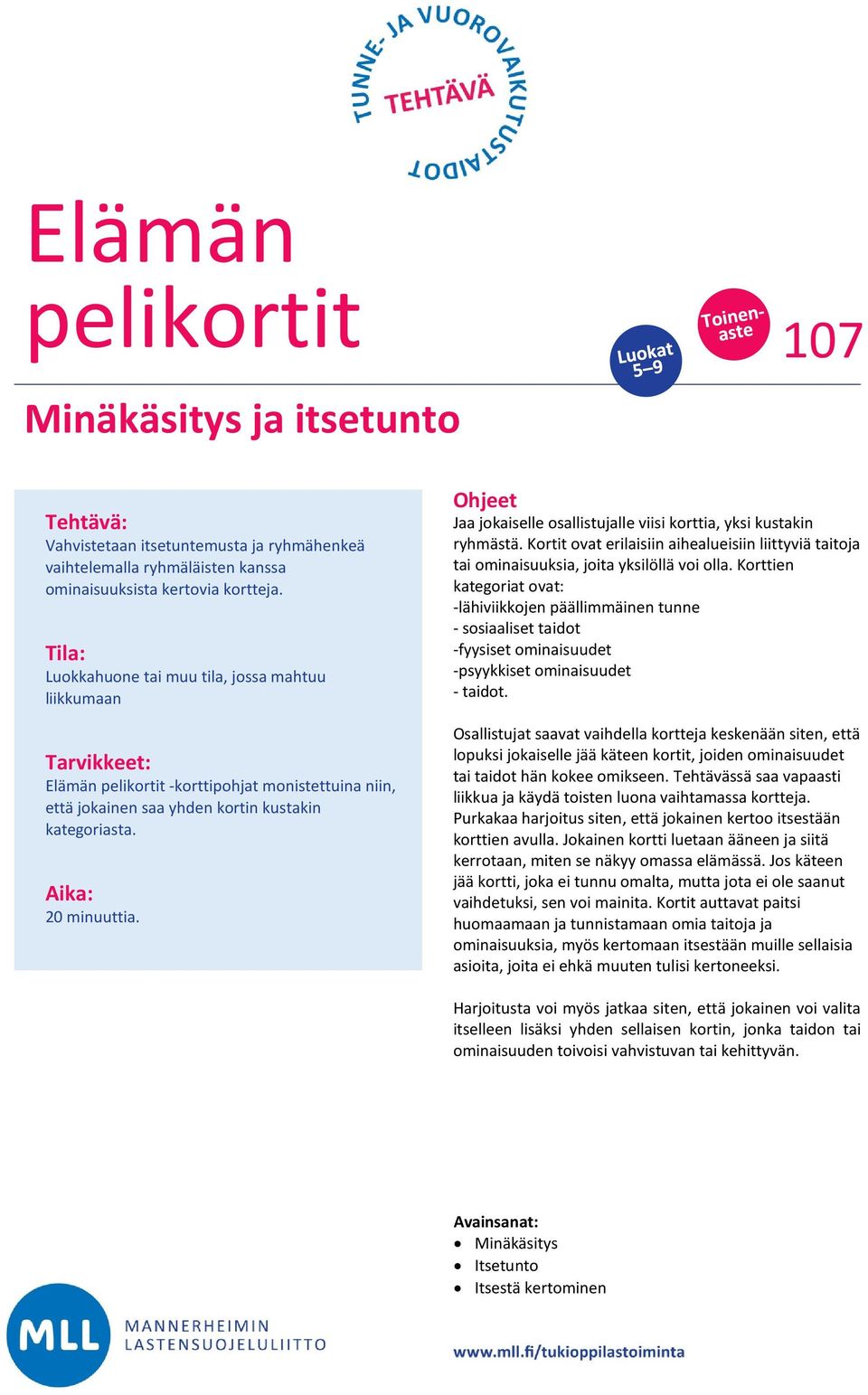 Ohjeet Jaa jokaiselle osallistujalle viisi korttia, yksi kustakin ryhmästä. Kortit ovat erilaisiin aihealueisiin liittyviä taitoja tai ominaisuuksia, joita yksilöllä voi olla.