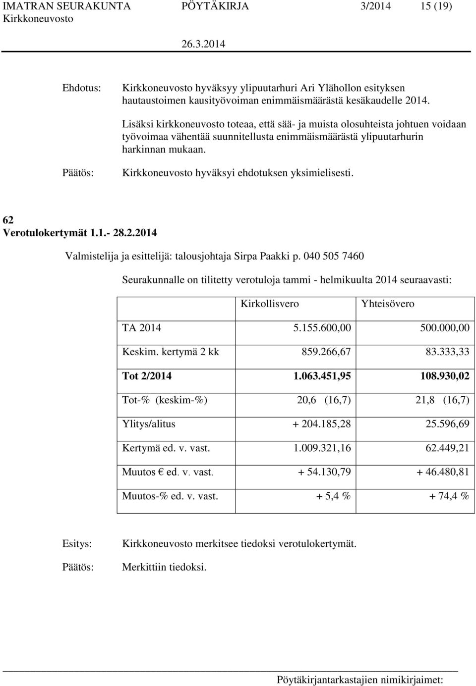 62 Verotulokertymät 1.1.- 28.2.2014 Valmistelija ja esittelijä: talousjohtaja Sirpa Paakki p.