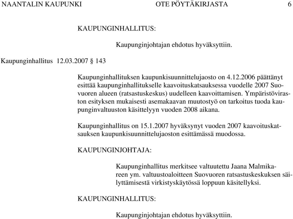 2006 päättänyt esittää kaupunginhallitukselle kaavoituskatsauksessa vuodelle 2007 Suovuoren alueen (ratsastuskeskus) uudelleen kaavoittamisen.