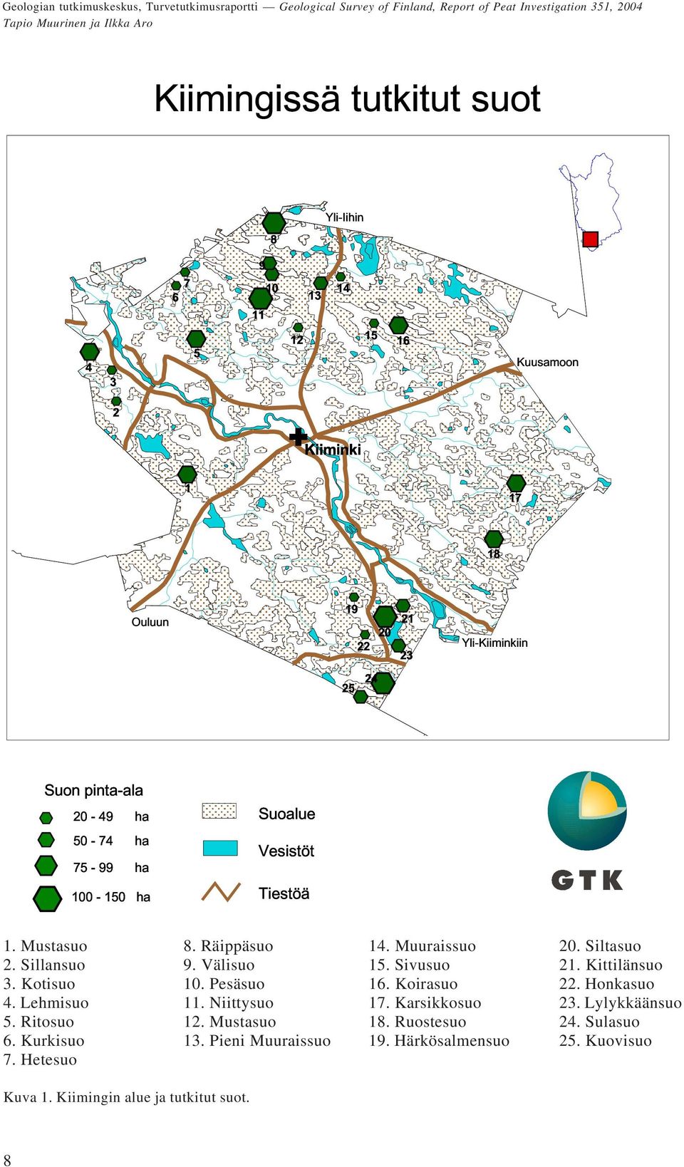 Kotisuo 4. Lehmisuo 5. Ritosuo 6. Kurkisuo 7. Hetesuo 8. Räippäsuo 9. Välisuo 10. Pesäsuo 11. iittysuo 12. Mustasuo 13. Pieni Muuraissuo 14. Muuraissuo 15. Sivusuo 16.