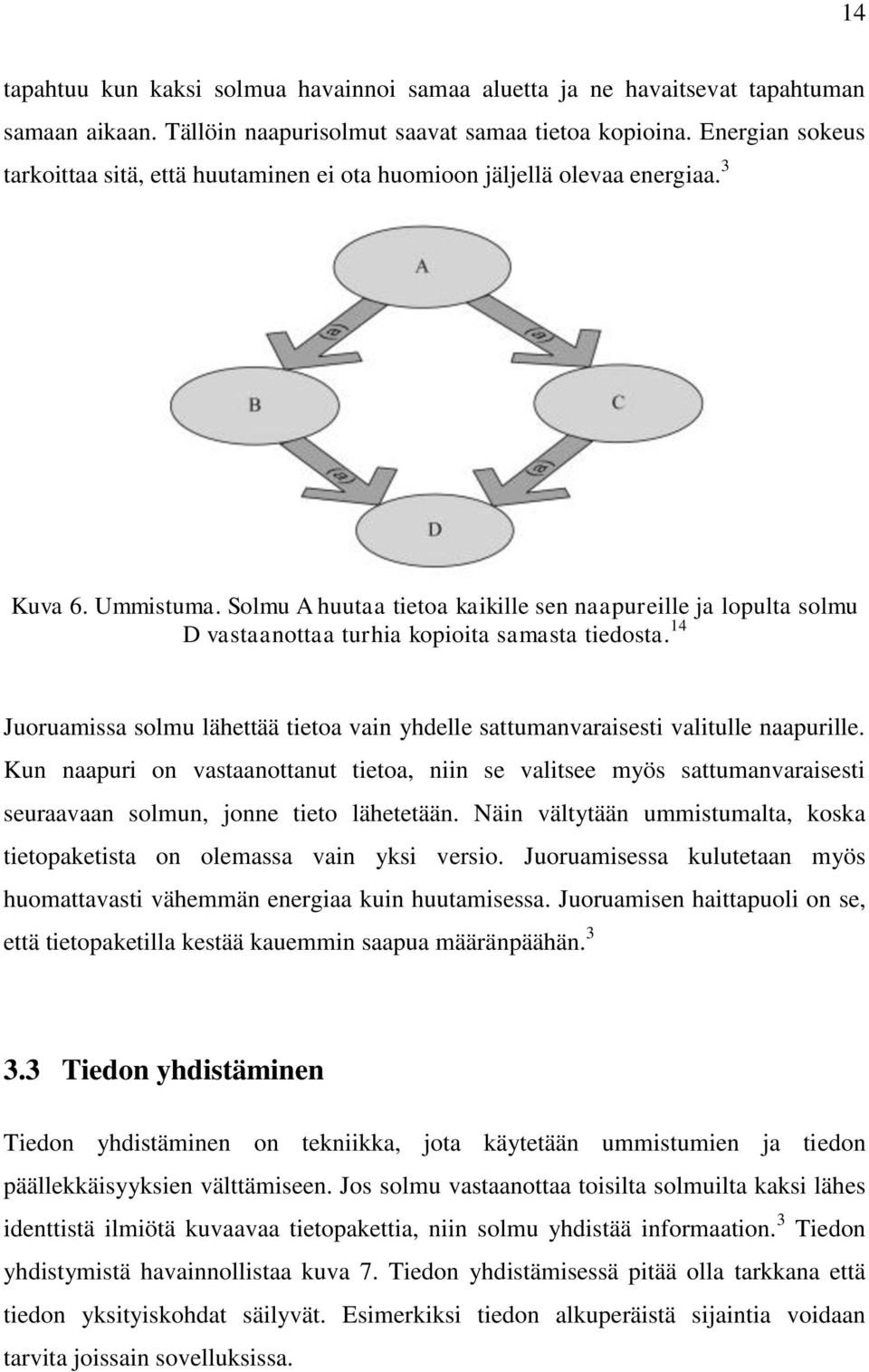 Solmu A huutaa tietoa kaikille sen naapureille ja lopulta solmu D vastaanottaa turhia kopioita samasta tiedosta.