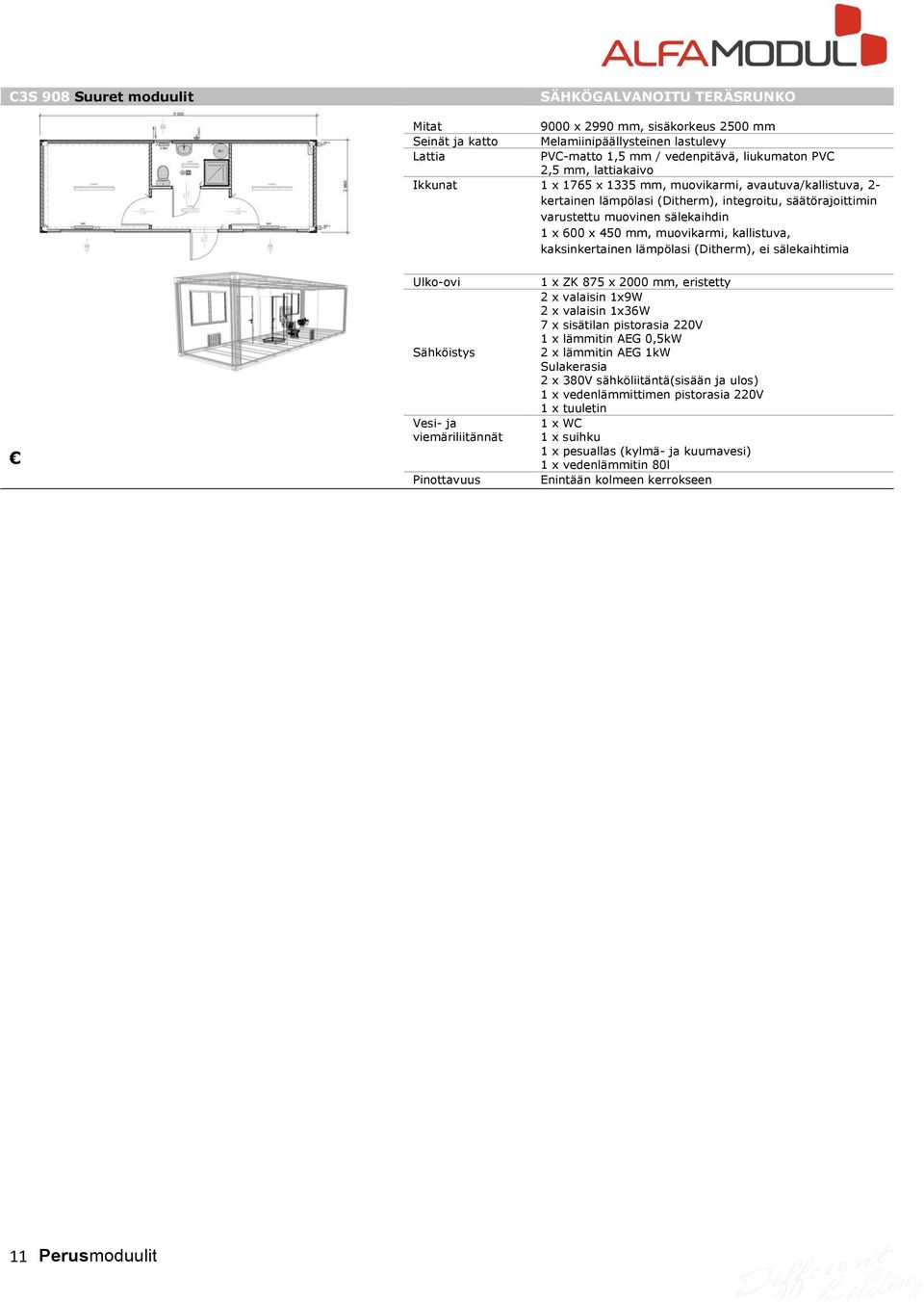 450 mm, muovikarmi, kallistuva, kaksinkertainen lämpölasi (Ditherm), ei sälekaihtimia 1 x ZK 875 x 2000 mm, eristetty 7 x sisätilan