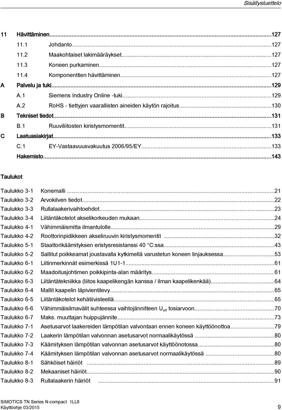 1 EY-Vastaavuusvakuutus 2006/95/EY...133 Hakemisto...143 Taulukot Taulukko 3-1 Konemalli...21 Taulukko 3-2 Arvokilven tiedot...22 Taulukko 3-3 Rullalaakerivaihtoehdot.