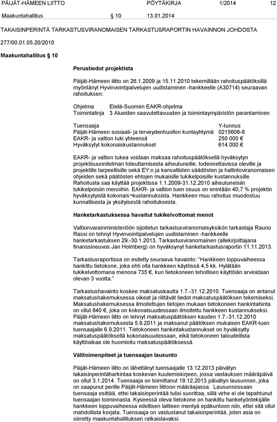 2010 tekemillään rahoituspäätöksillä myöntänyt Hyvinvointipalvelujen uudistaminen -hankkeelle (A30714) seuraavan rahoituksen: Ohjelma Etelä-Suomen EAKR-ohjelma Toimintalinja 3 Alueiden