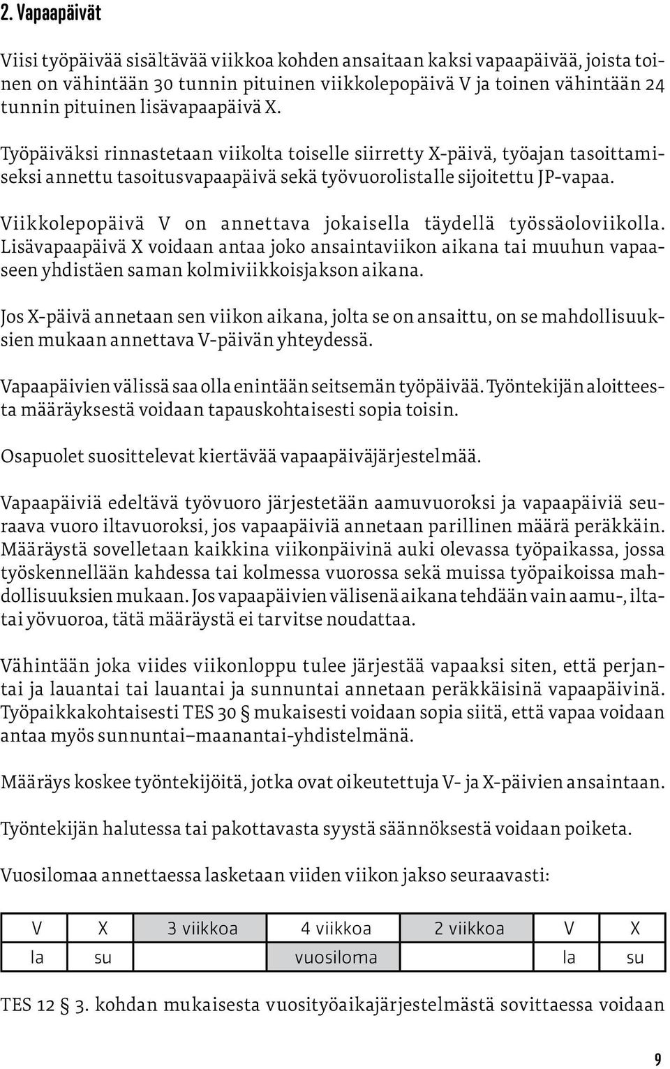 Viikkolepopäivä V on annettava jokaisella täydellä työssäoloviikolla. Lisävapaapäivä X voidaan antaa joko ansaintaviikon aikana tai muuhun vapaaseen yhdistäen saman kolmiviikkoisjakson aikana.