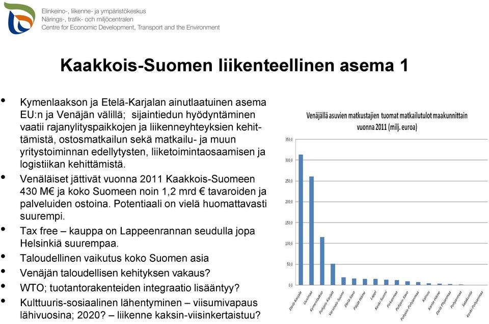 Venäläiset jättivät vuonna 2011 Kaakkois-Suomeen 430 M ja koko Suomeen noin 1,2 mrd tavaroiden ja palveluiden ostoina. Potentiaali on vielä huomattavasti suurempi.