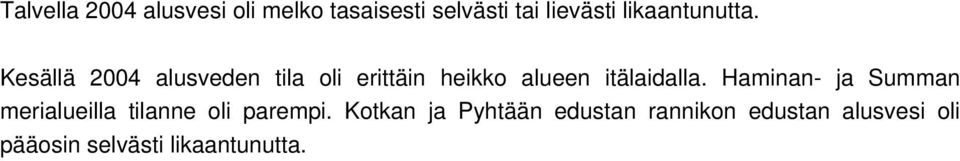 Kesällä 2004 alusveden tila oli erittäin heikko alueen itälaidalla.