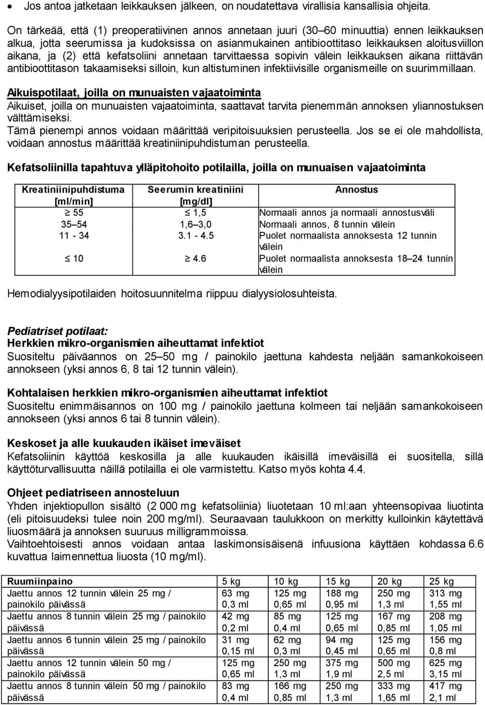 aikana, ja (2) että kefatsoliini annetaan tarvittaessa sopivin välein leikkauksen aikana riittävän antibioottitason takaamiseksi silloin, kun altistuminen infektiivisille organismeille on