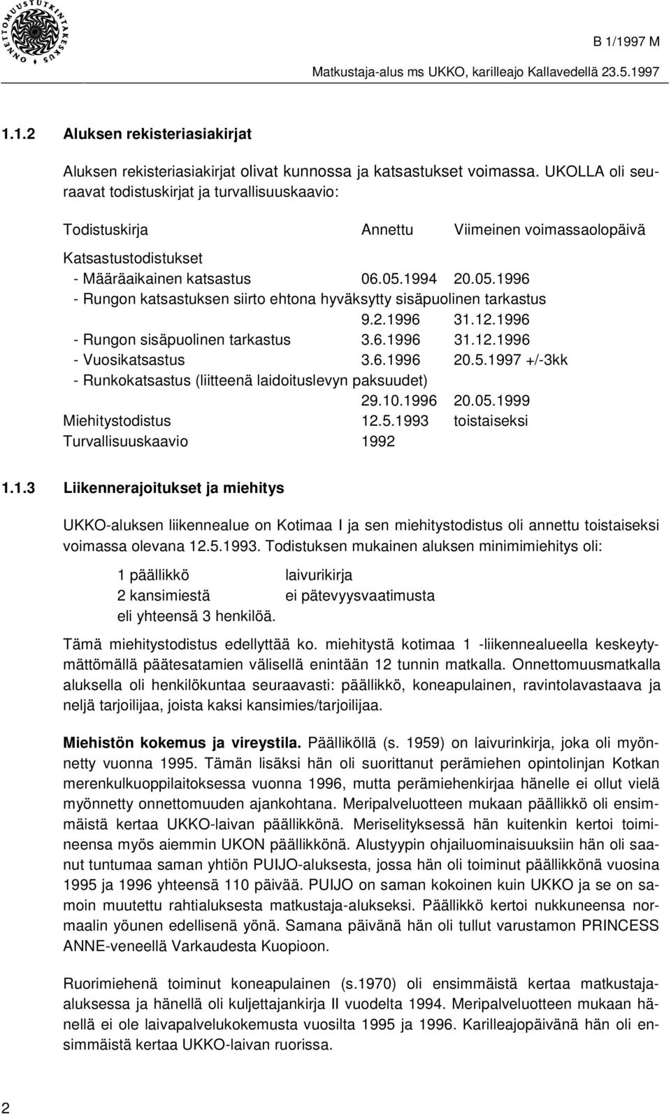 1994 20.05.1996 - Rungon katsastuksen siirto ehtona hyväksytty sisäpuolinen tarkastus 9.2.1996 31.12.1996 - Rungon sisäpuolinen tarkastus 3.6.1996 31.12.1996 - Vuosikatsastus 3.6.1996 20.5.1997 +/-3kk - Runkokatsastus (liitteenä laidoituslevyn paksuudet) 29.