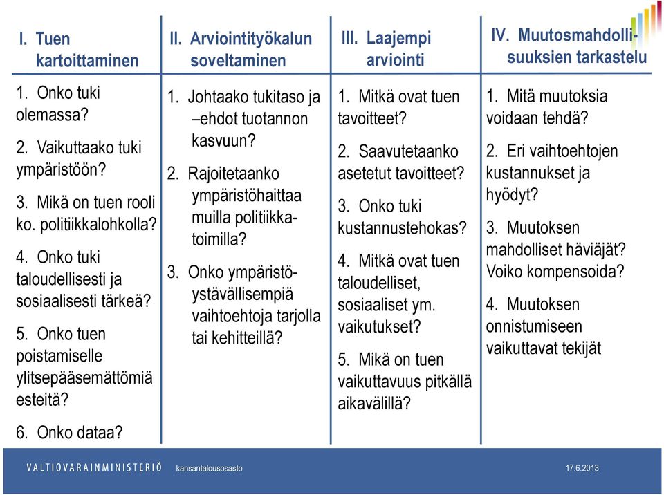 Johtaako tukitaso ja ehdot tuotannon kasvuun? 2. Rajoitetaanko ympäristöhaittaa muilla politiikkatoimilla? 3. Onko ympäristöystävällisempiä vaihtoehtoja tarjolla tai kehitteillä? 1.