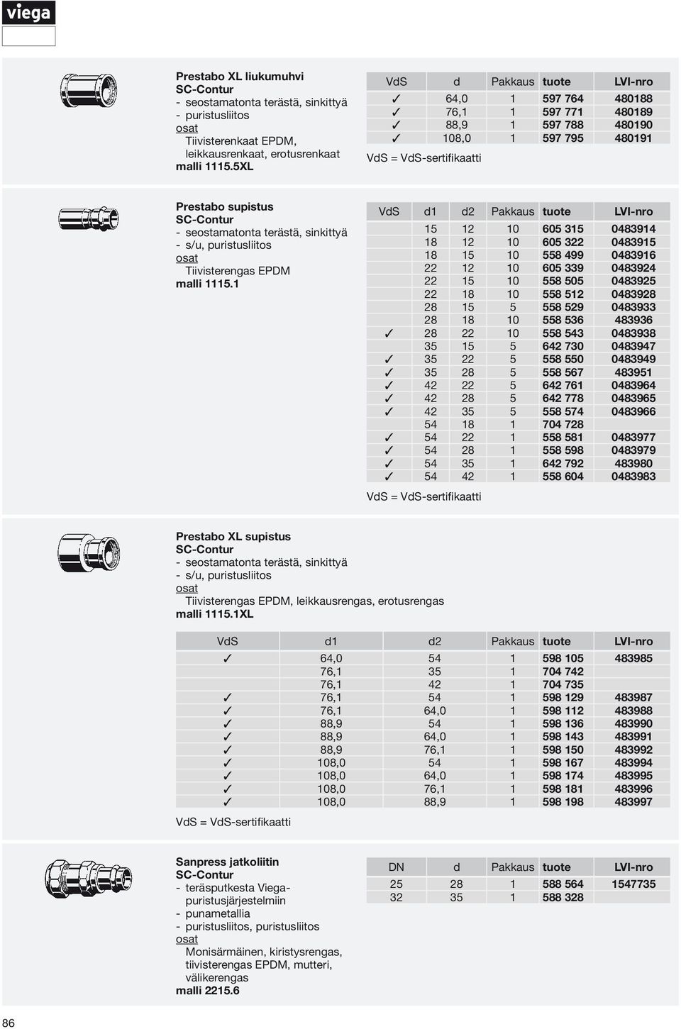 1 VdS d1 d2 Pakkaus tuote LVI-nro 15 12 10 605 315 0483914 18 12 10 605 322 0483915 18 15 10 558 499 0483916 22 12 10 605 339 0483924 22 15 10 558 505 0483925 22 18 10 558 512 0483928 28 15 5 558 529