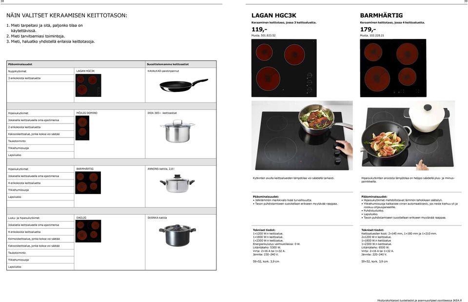 21 Pääominaisuudet Suosittelemamme keittoastiat Nuppikytkimet LAGAN HGC3K KAVALKAD-paistinpannut 3 erikokoista keittoaluetta Hipaisukytkimet MÖJLIG DOMINO IKEA 365+ -keittoastiat Jokaisella