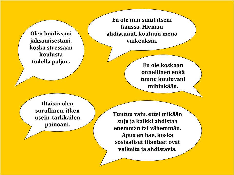 En ole koskaan onnellinen enkä tunnu kuuluvani mihinkään.