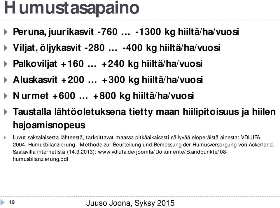 Luvut saksalaisesta lähteestä, tarkoittavat maassa pitkäaikaisesti säilyvää eloperäistä ainesta: VDLUFA 2004.