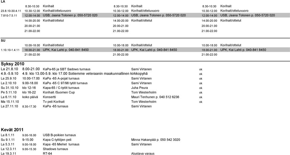 00-21.00 20.00-21.00 20.00-21.00 21.00-22.00 21.00-22.00 21.00-22.00 SU 10.00-18.00 Korihait/ottelut 10.00-18.00 Korihait/ottelut 10.00-18.00 Korihait/ottelut 1.10.10-1.4.11 18.00-21.00 UPK, Kai Lahti p.