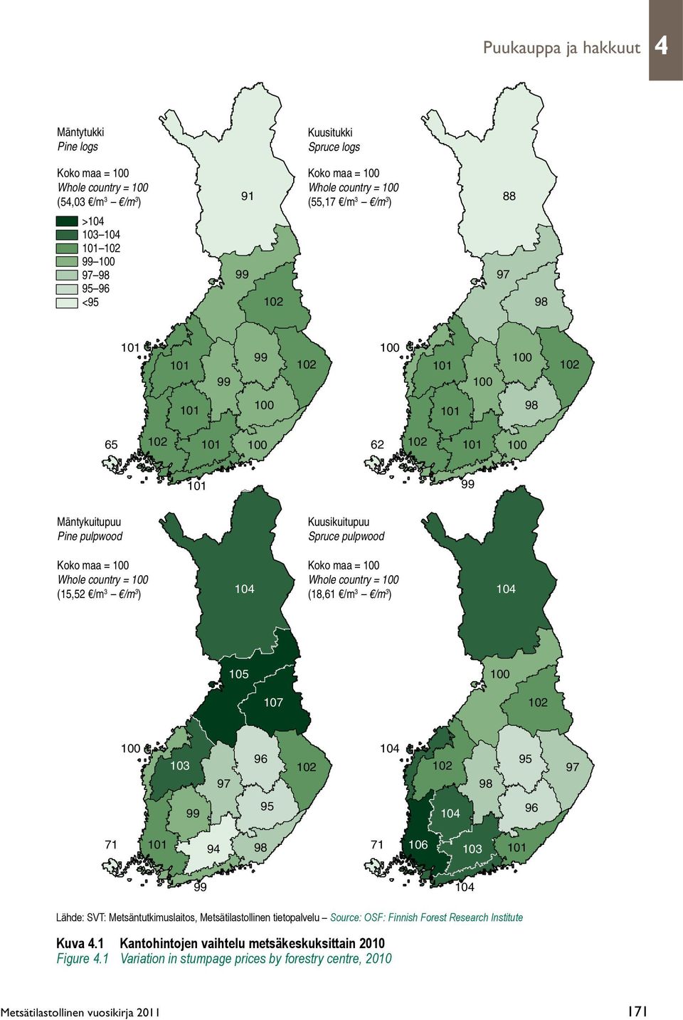/m 3 /m 3 ) Kuusikuitupuu Spruce pulpwood Koko maa = 100 104 Whole country = 100 (18,61 /m 3 /m 3 ) 104 105 100 107 102 100 104 96 95 103 102 102 97 97 98 95 99 104 96 71 101 94 98 71 106 103 101 99