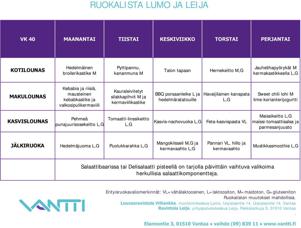 Pehmeä punajuurisosekeitto Tomaatti-linssikeitto Kasvis-nachovuoka Feta-kasvispasta VL Maissikeitto maissi-tomaattisalsa ja parmesanjuusto JÄLKIRUOKA Hedelmäjuoma Puolukkarahka Mangokiisseli ja