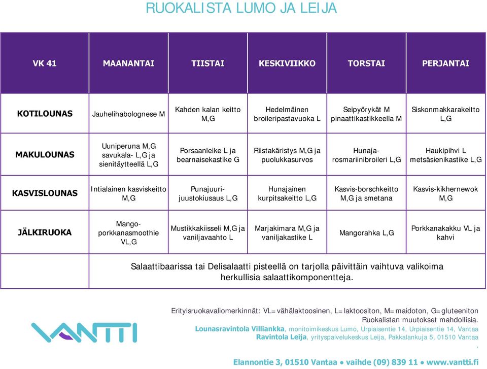 Punajuurijuustokiusaus Hunajainen kurpitsakeitto Kasvis-borschkeitto ja smetana Kasvis-kikhernewok JÄLKIRUOKA Mangoporkkanasmoothie V Mustikkakiisseli ja vaniljavaahto L Marjakimara ja