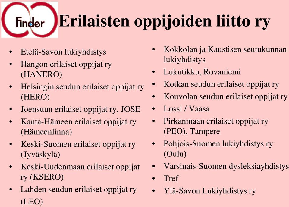 seudun erilaiset oppijat ry (LEO) Kokkolan ja Kaustisen seutukunnan lukiyhdistys Lukutikku, Rovaniemi Kotkan seudun erilaiset oppijat ry Kouvolan seudun erilaiset