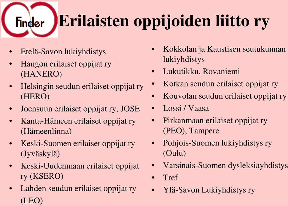 seudun erilaiset oppijat ry (LEO) Kokkolan ja Kaustisen seutukunnan lukiyhdistys Lukutikku, Rovaniemi Kotkan seudun erilaiset oppijat ry Kouvolan seudun erilaiset