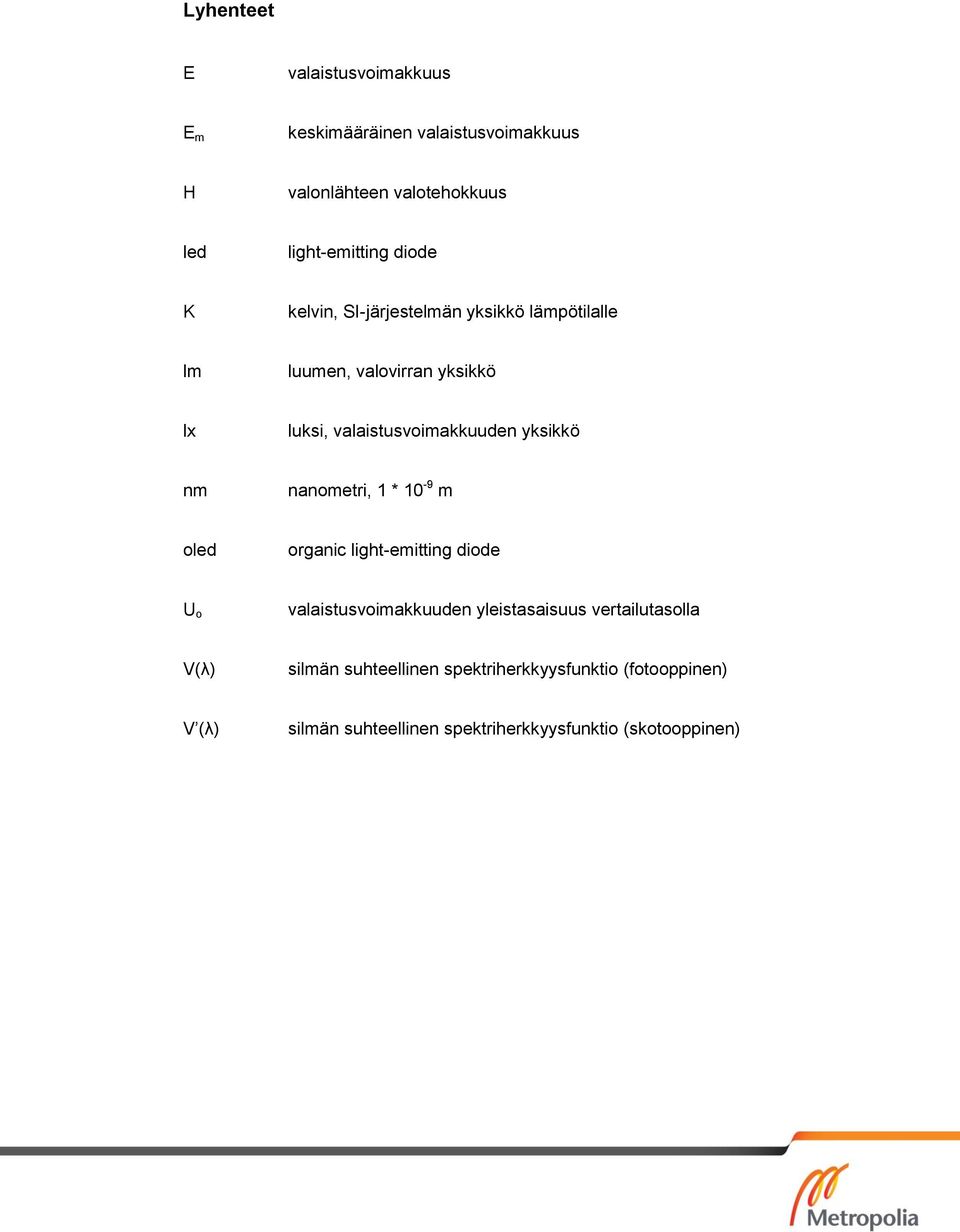 yksikkö nm nanometri, 1 * 10-9 m oled organic light-emitting diode U o valaistusvoimakkuuden yleistasaisuus