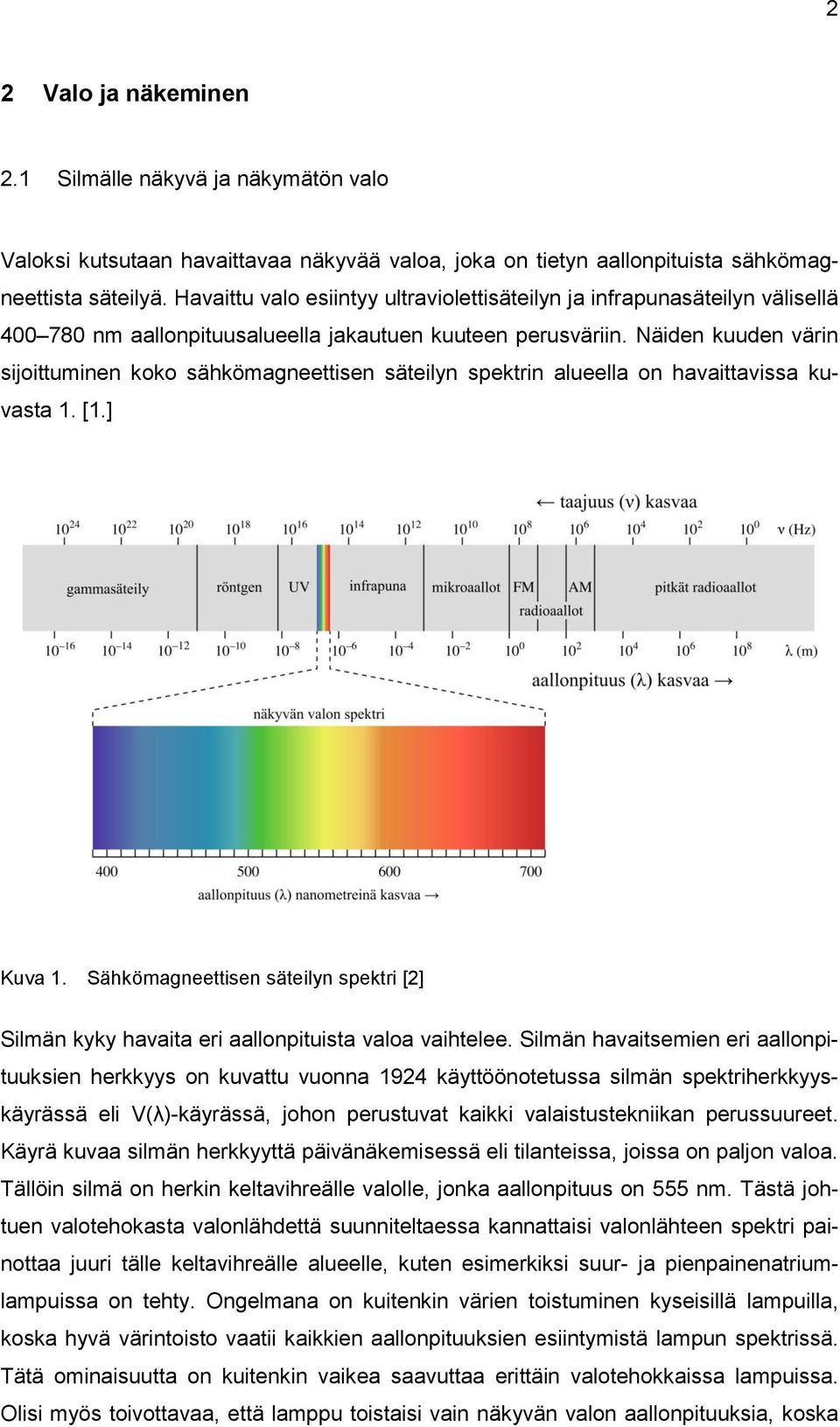 Näiden kuuden värin sijoittuminen koko sähkömagneettisen säteilyn spektrin alueella on havaittavissa kuvasta 1. [1.] Kuva 1.