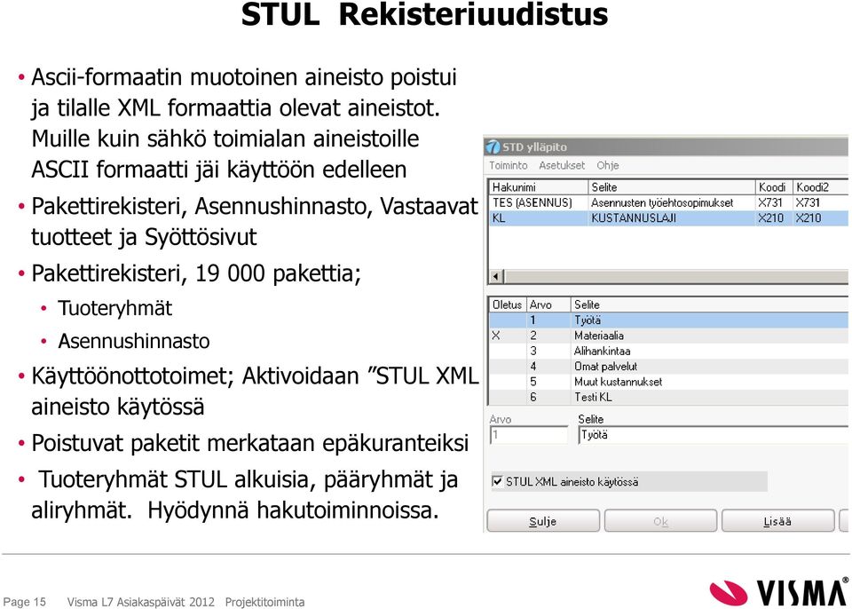 Syöttösivut Pakettirekisteri, 19 000 pakettia; Tuoteryhmät Asennushinnasto Käyttöönottotoimet; Aktivoidaan STUL XML aineisto käytössä