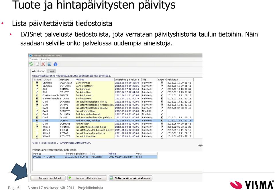 tiedostolista, jota verrataan päivityshistoria taulun