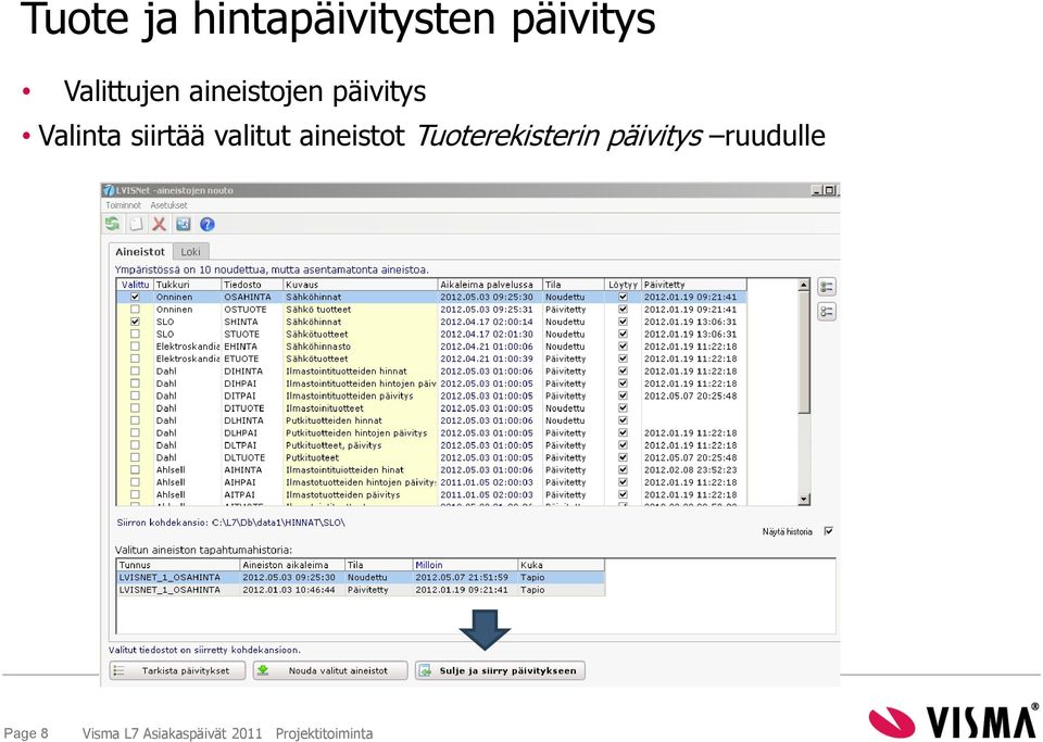 Valinta siirtää valitut aineistot