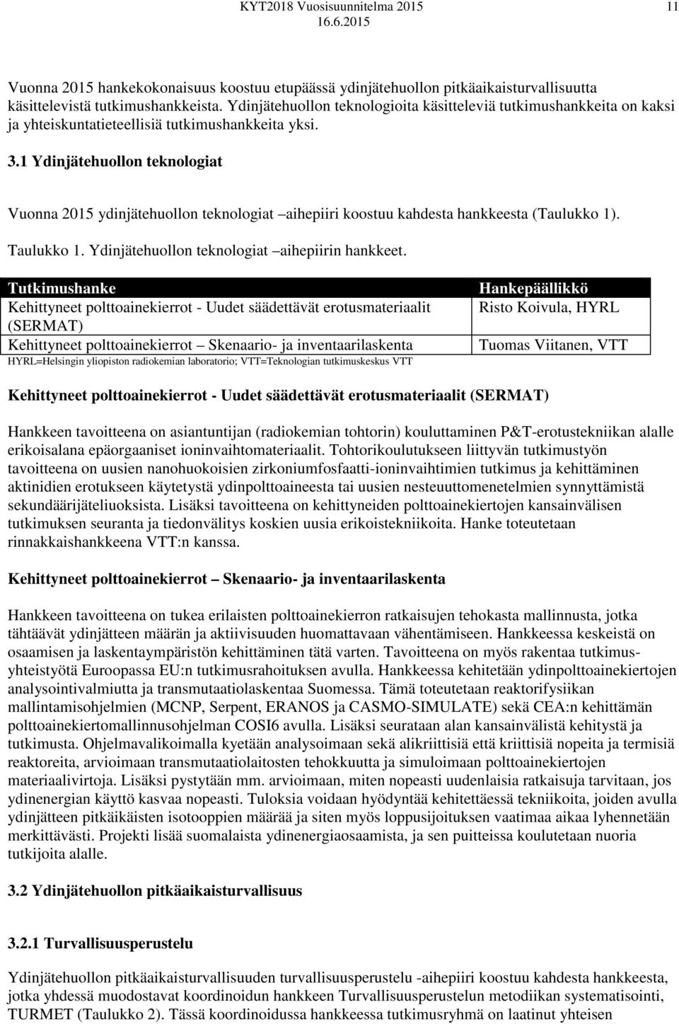 1 Ydinjätehuollon teknologiat Vuonna 2015 ydinjätehuollon teknologiat aihepiiri koostuu kahdesta hankkeesta (Taulukko 1). Taulukko 1. Ydinjätehuollon teknologiat aihepiirin hankkeet.